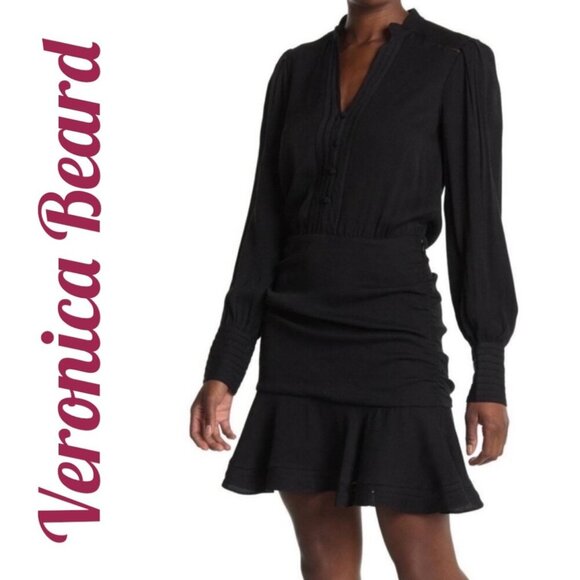 VERONICA BEARD SARASOTA DRESS LBD LONG SLEEVE RUCHED SKIRT MINI LACE TRIM SIZE 2 - Picture 12 of 15